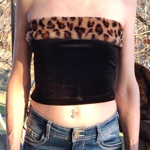 Leopard Print Trim Black Velour Tube Top
